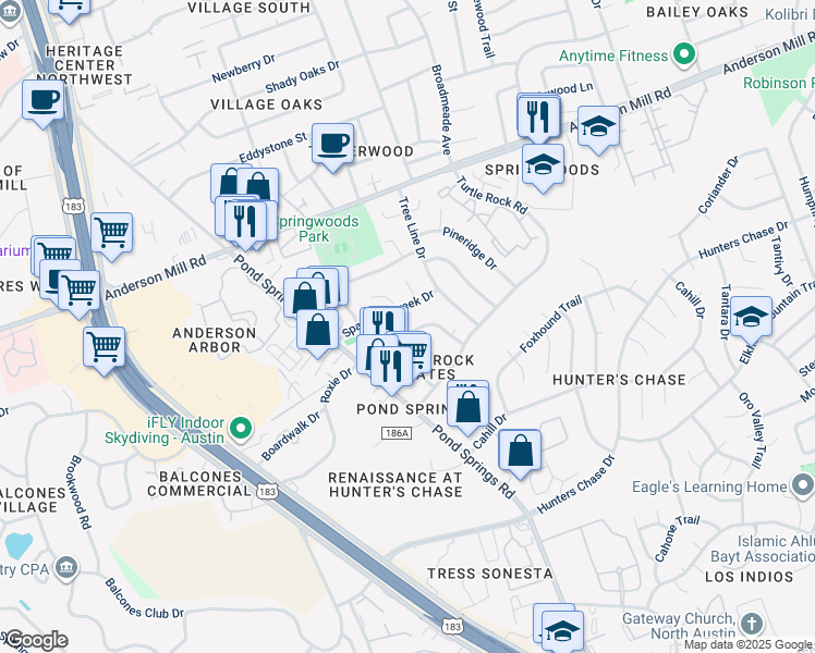 map of restaurants, bars, coffee shops, grocery stores, and more near 8805 Sparkling Creek Drive in Austin