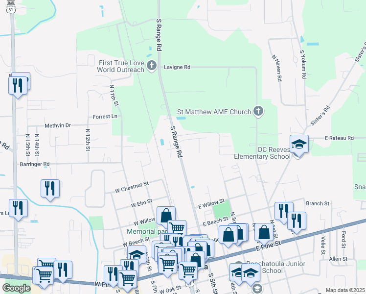 map of restaurants, bars, coffee shops, grocery stores, and more near 41038 South Range Road in Ponchatoula