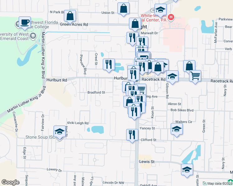 map of restaurants, bars, coffee shops, grocery stores, and more near 1885 Greystone Lane in Fort Walton Beach