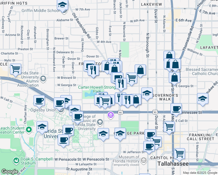 map of restaurants, bars, coffee shops, grocery stores, and more near 518-526 West Georgia Street in Tallahassee