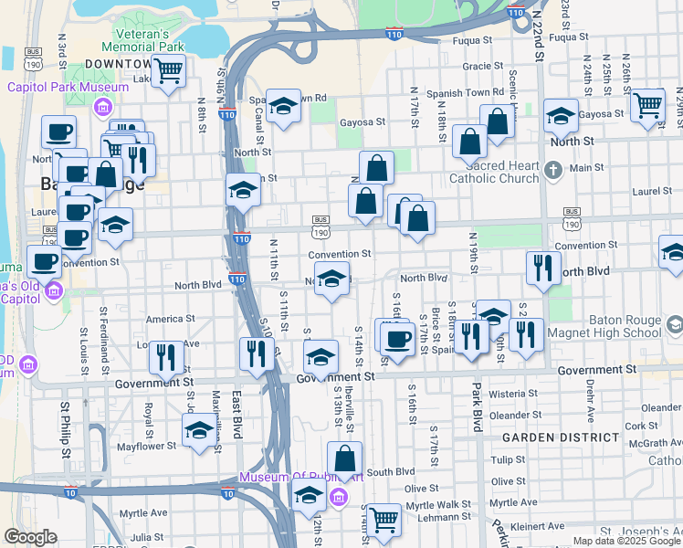 map of restaurants, bars, coffee shops, grocery stores, and more near 1335 North Boulevard in Baton Rouge