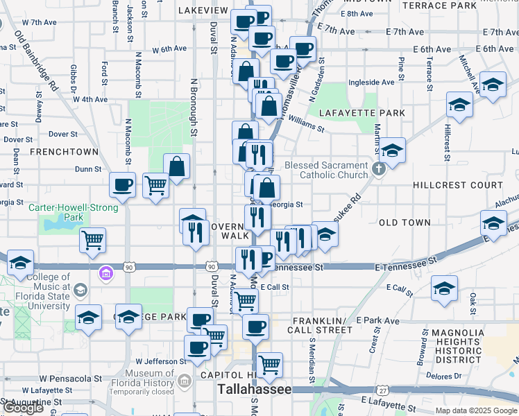 map of restaurants, bars, coffee shops, grocery stores, and more near 601 North Monroe Street in Tallahassee