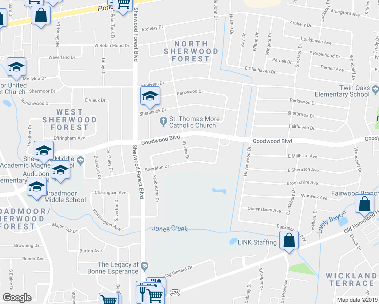 map of restaurants, bars, coffee shops, grocery stores, and more near 11610 Millburn Drive in Baton Rouge