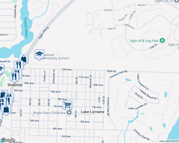 map of restaurants, bars, coffee shops, grocery stores, and more near 89 Berwick Circle in Shalimar