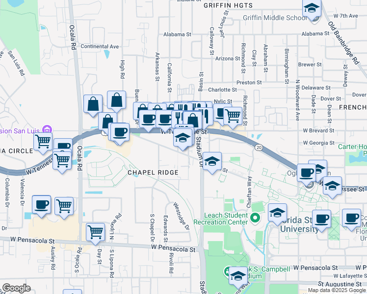 map of restaurants, bars, coffee shops, grocery stores, and more near 26 Slusher Street in Tallahassee