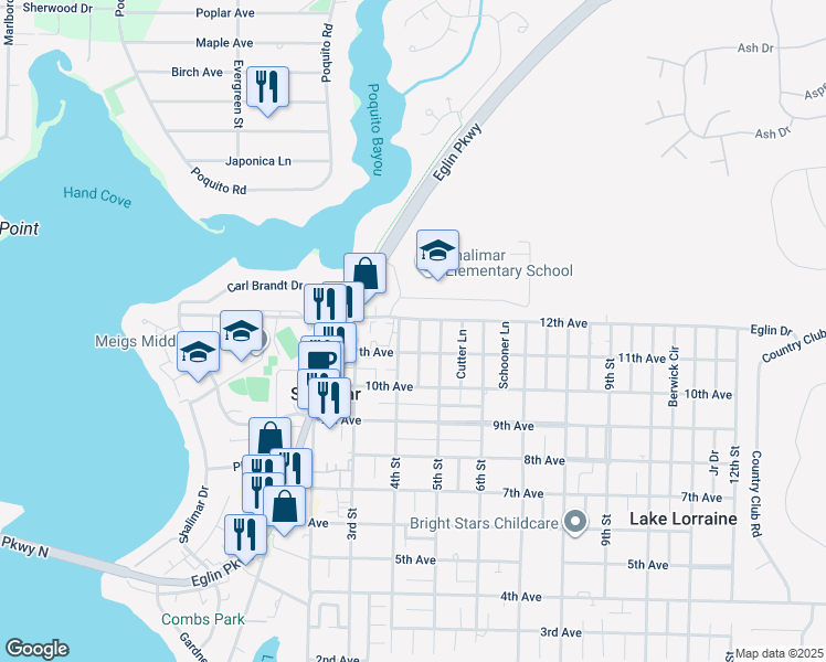 map of restaurants, bars, coffee shops, grocery stores, and more near 93 Catamaran Lane in Shalimar