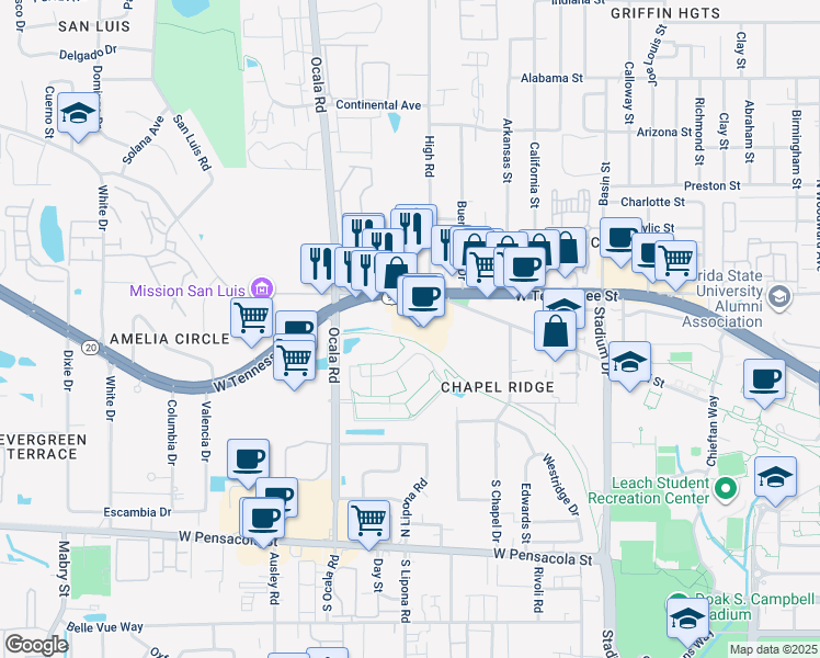 map of restaurants, bars, coffee shops, grocery stores, and more near in Tallahassee