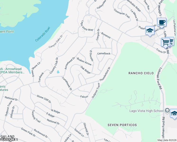 map of restaurants, bars, coffee shops, grocery stores, and more near 20706 Oak Ridge in Lago Vista