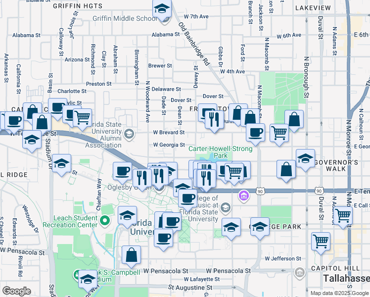 map of restaurants, bars, coffee shops, grocery stores, and more near 719 West Georgia Street in Tallahassee