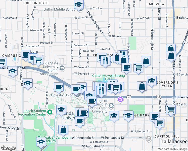 map of restaurants, bars, coffee shops, grocery stores, and more near 705 West Georgia Street in Tallahassee