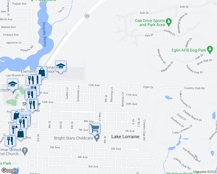 map of restaurants, bars, coffee shops, grocery stores, and more near 88 9th Street in Shalimar