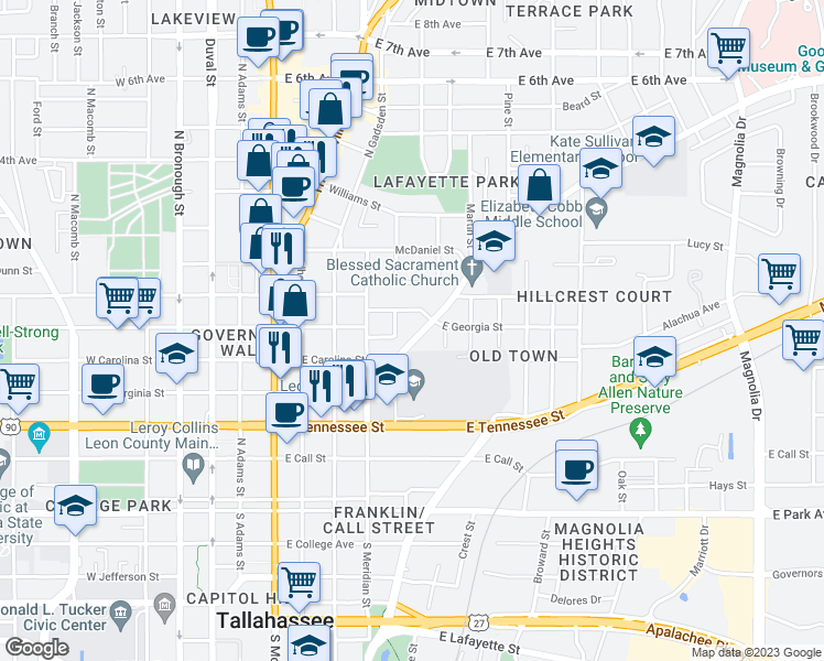 map of restaurants, bars, coffee shops, grocery stores, and more near 564 Miccosukee Road in Tallahassee