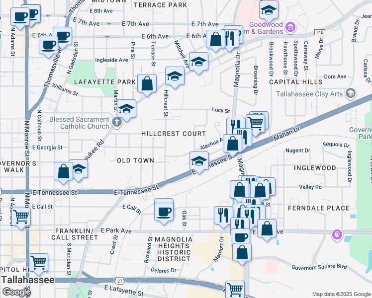 map of restaurants, bars, coffee shops, grocery stores, and more near 514 Short Street in Tallahassee