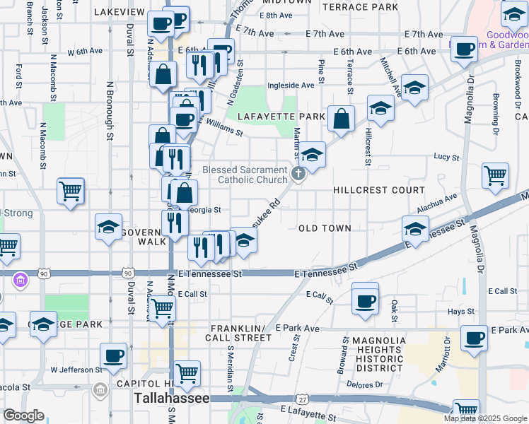 map of restaurants, bars, coffee shops, grocery stores, and more near 560 East Georgia Street in Tallahassee