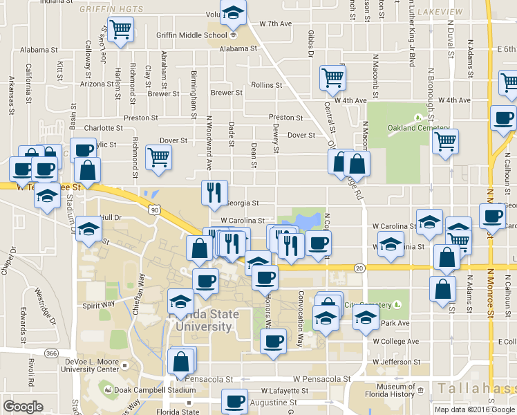 map of restaurants, bars, coffee shops, grocery stores, and more near 730 West Georgia Street in Tallahassee