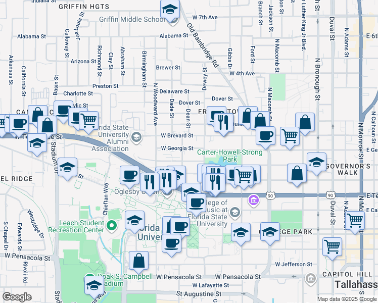 map of restaurants, bars, coffee shops, grocery stores, and more near 730 West Georgia Street in Tallahassee