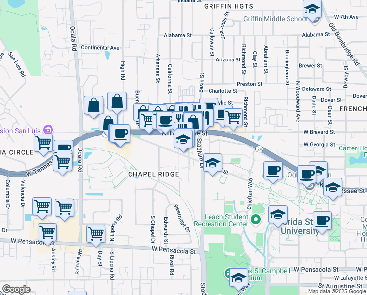 map of restaurants, bars, coffee shops, grocery stores, and more near 26 Slusher Street in Tallahassee