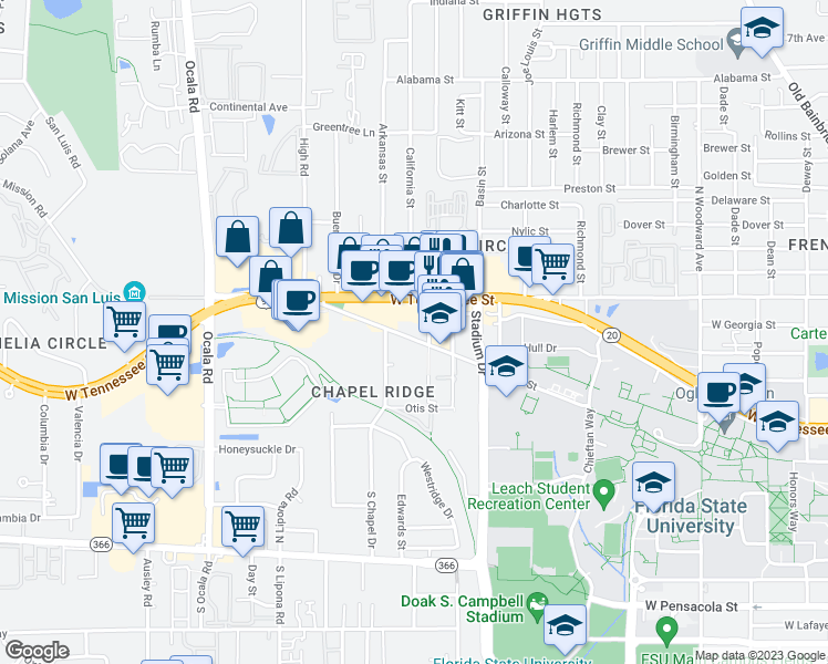 map of restaurants, bars, coffee shops, grocery stores, and more near 1701 West Tennessee Street in Tallahassee