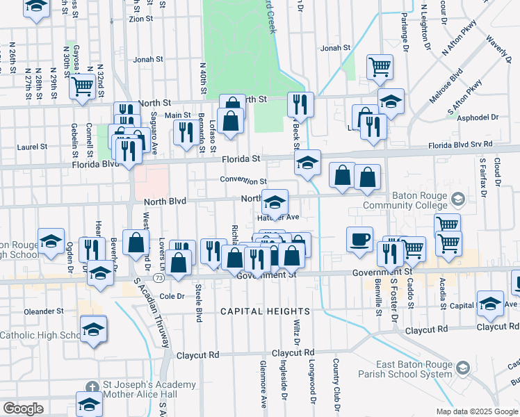map of restaurants, bars, coffee shops, grocery stores, and more near 4077 North Boulevard in Baton Rouge