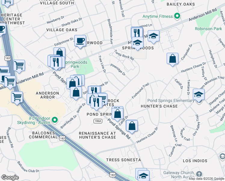 map of restaurants, bars, coffee shops, grocery stores, and more near 12407 Tree Line Drive in Austin