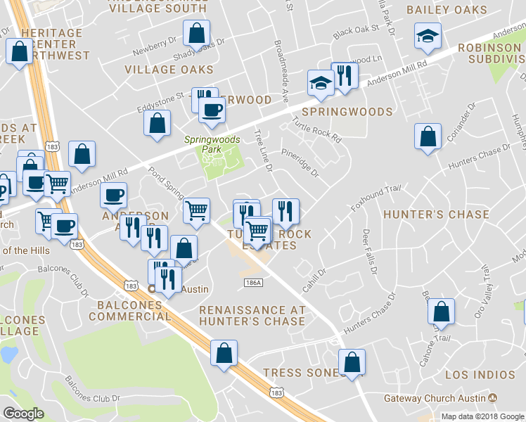 map of restaurants, bars, coffee shops, grocery stores, and more near 8805 Sparkling Creek Drive in Austin