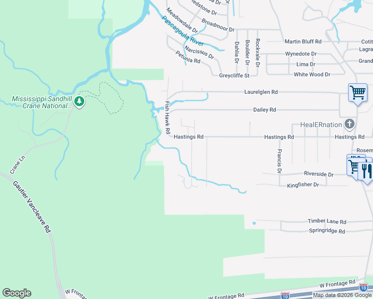 map of restaurants, bars, coffee shops, grocery stores, and more near 2225-2399 Hastings Road in Gautier