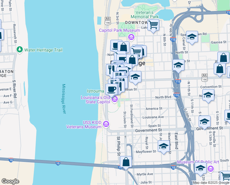 map of restaurants, bars, coffee shops, grocery stores, and more near 100 Lafayette Street in Baton Rouge