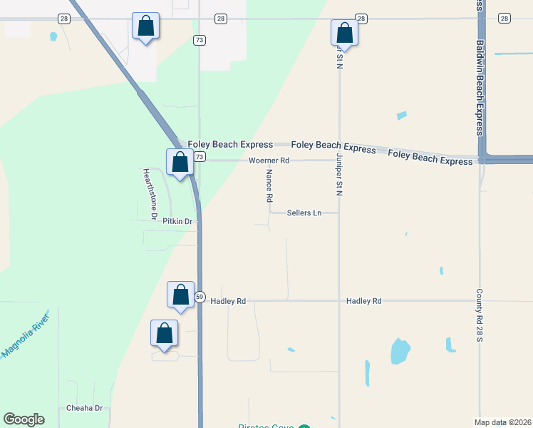 map of restaurants, bars, coffee shops, grocery stores, and more near 15351 Nance Road in Foley