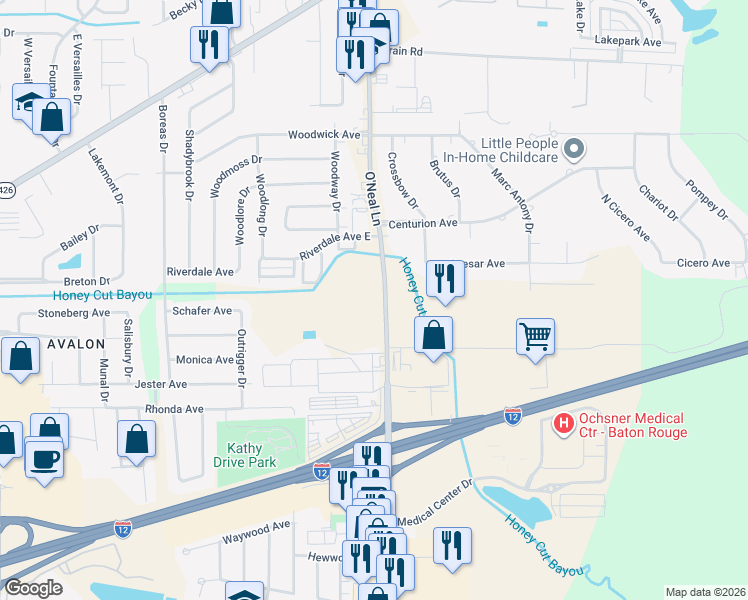 map of restaurants, bars, coffee shops, grocery stores, and more near 1444 O'Neal Lane in Baton Rouge