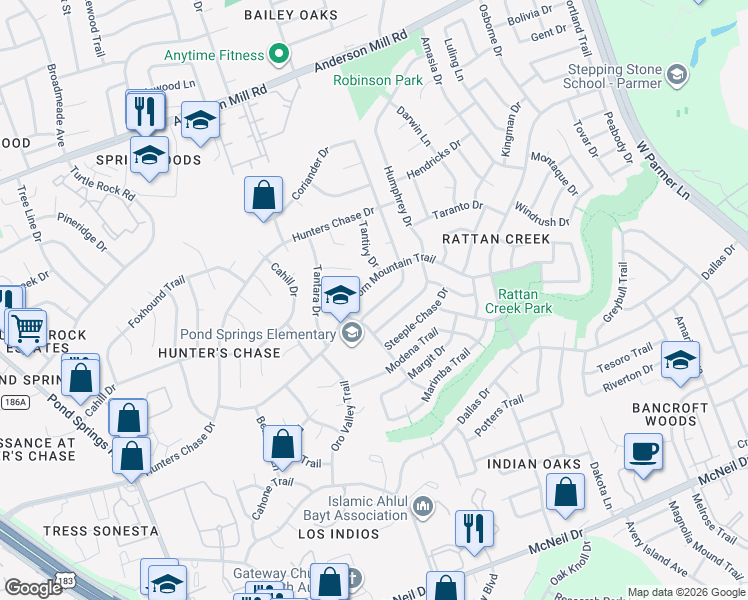 map of restaurants, bars, coffee shops, grocery stores, and more near 12916 Partridge Bend Drive in Austin