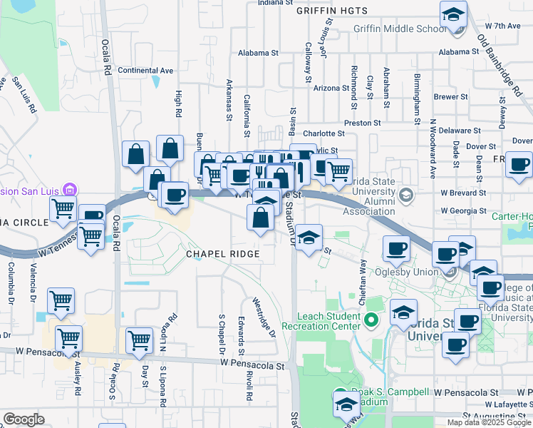 map of restaurants, bars, coffee shops, grocery stores, and more near 26 Slusher Street in Tallahassee