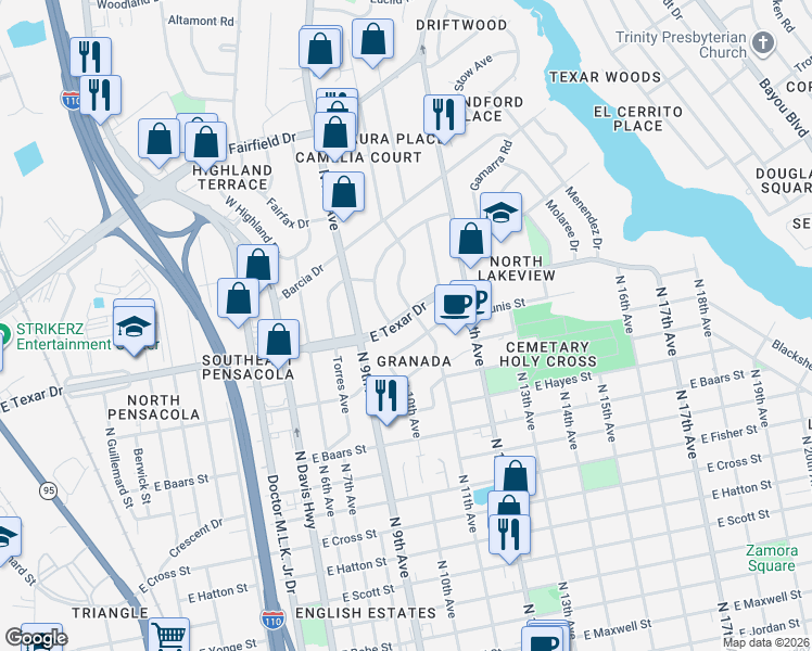 map of restaurants, bars, coffee shops, grocery stores, and more near 1003 East Texar Drive in Pensacola