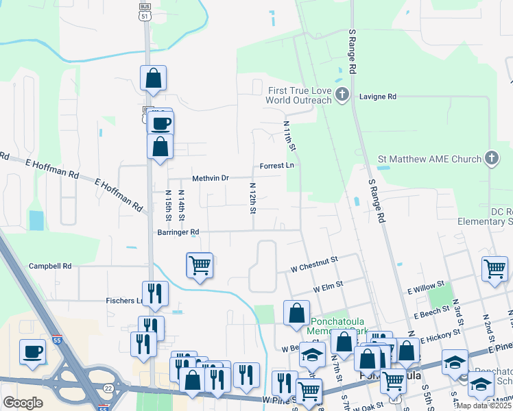 map of restaurants, bars, coffee shops, grocery stores, and more near 240 North 12th Street in Ponchatoula