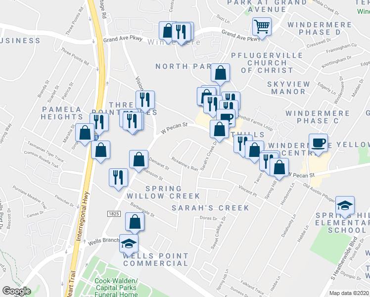 map of restaurants, bars, coffee shops, grocery stores, and more near 15528 Miss Adrienne's Path in Pflugerville