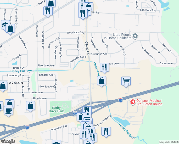 map of restaurants, bars, coffee shops, grocery stores, and more near 1444 O'Neal Lane in Baton Rouge