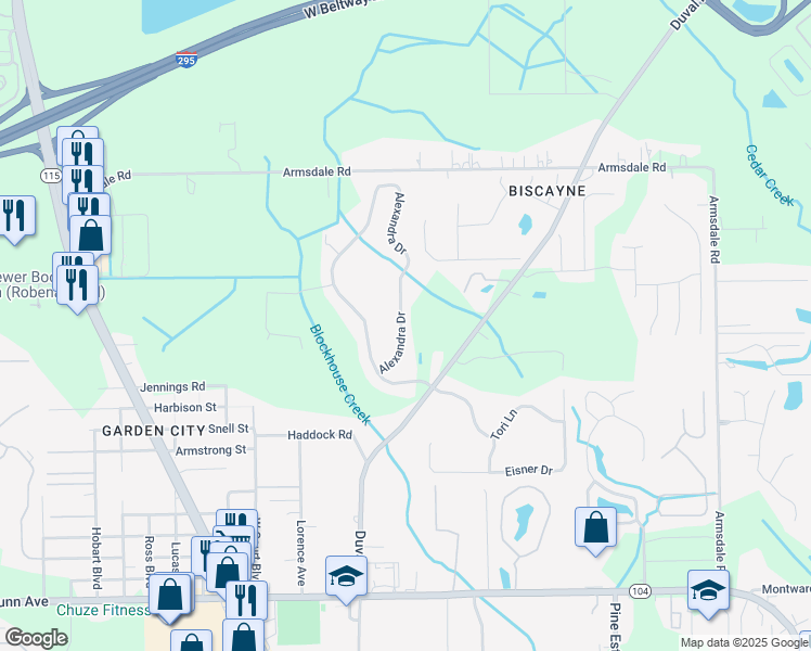 map of restaurants, bars, coffee shops, grocery stores, and more near 12121 Alexandra Drive in Jacksonville