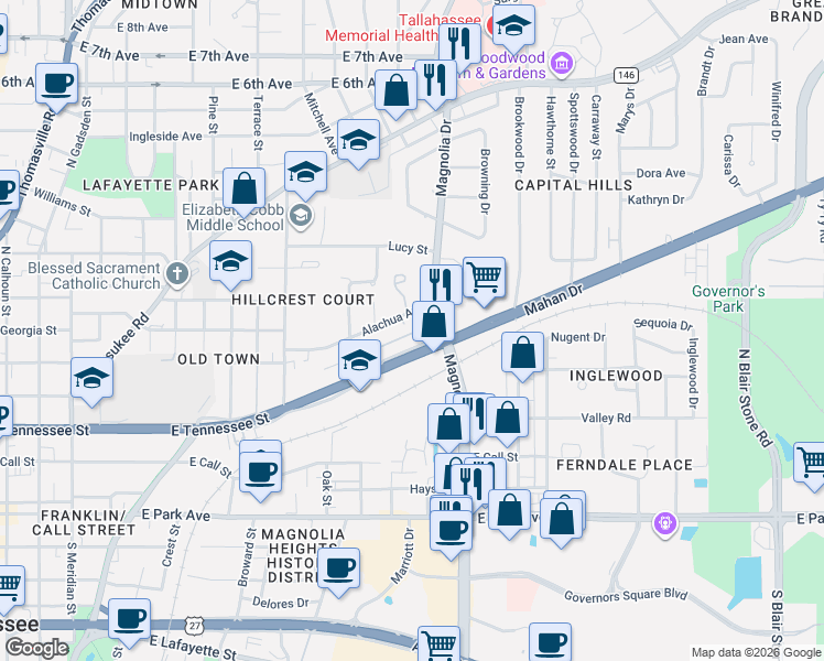 map of restaurants, bars, coffee shops, grocery stores, and more near 1123 Alachua Avenue in Tallahassee
