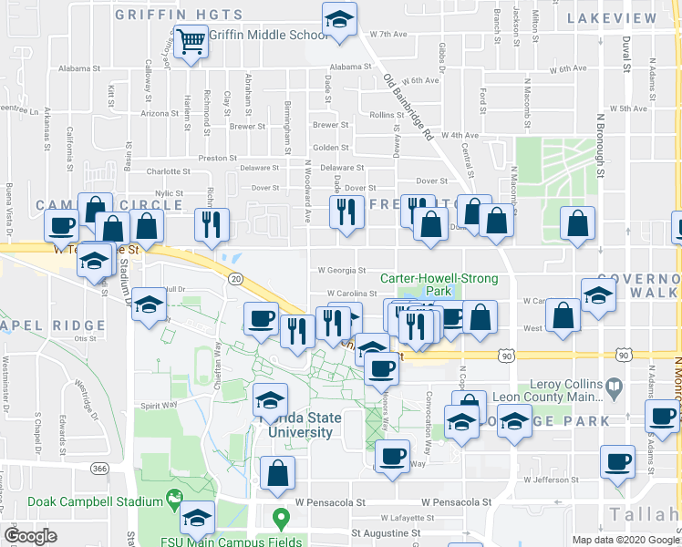 map of restaurants, bars, coffee shops, grocery stores, and more near 826 West Georgia Street in Tallahassee