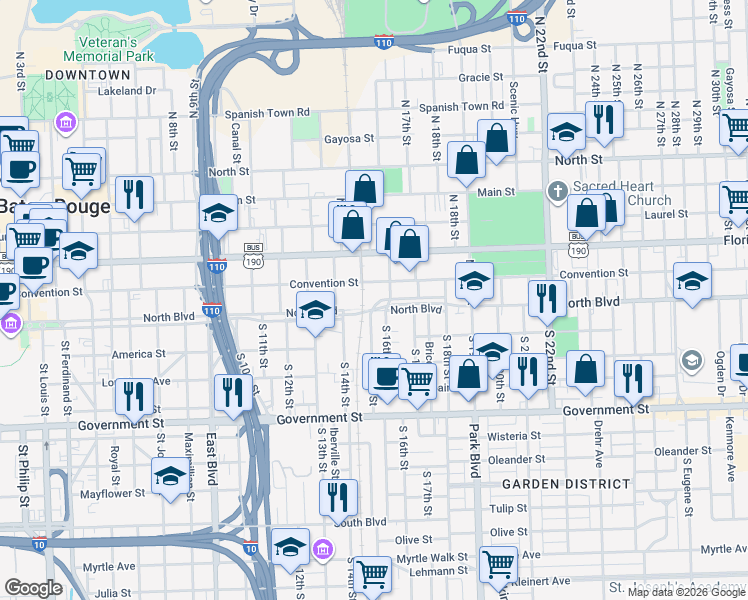 map of restaurants, bars, coffee shops, grocery stores, and more near 477 Saint Vincent De Paul Drive in Baton Rouge
