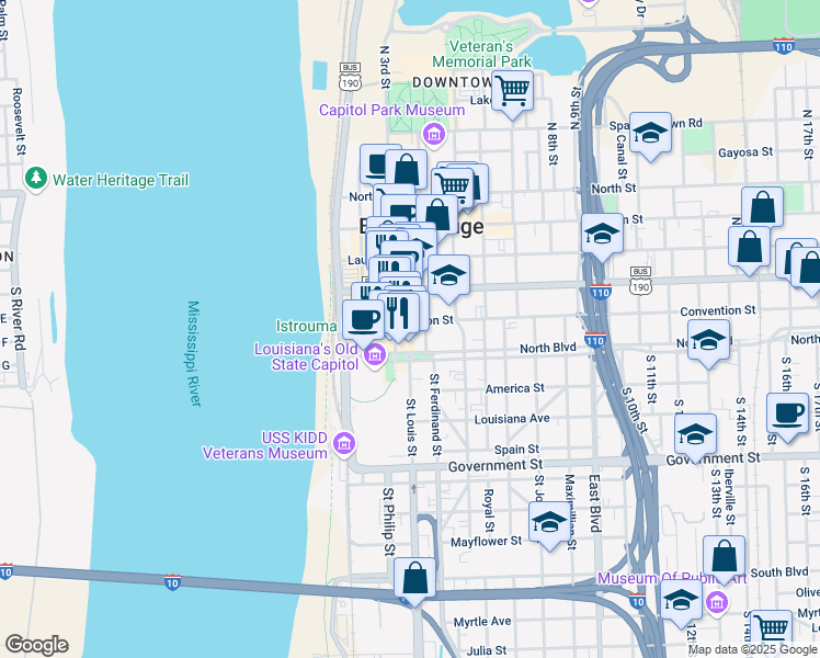 map of restaurants, bars, coffee shops, grocery stores, and more near in Baton Rouge