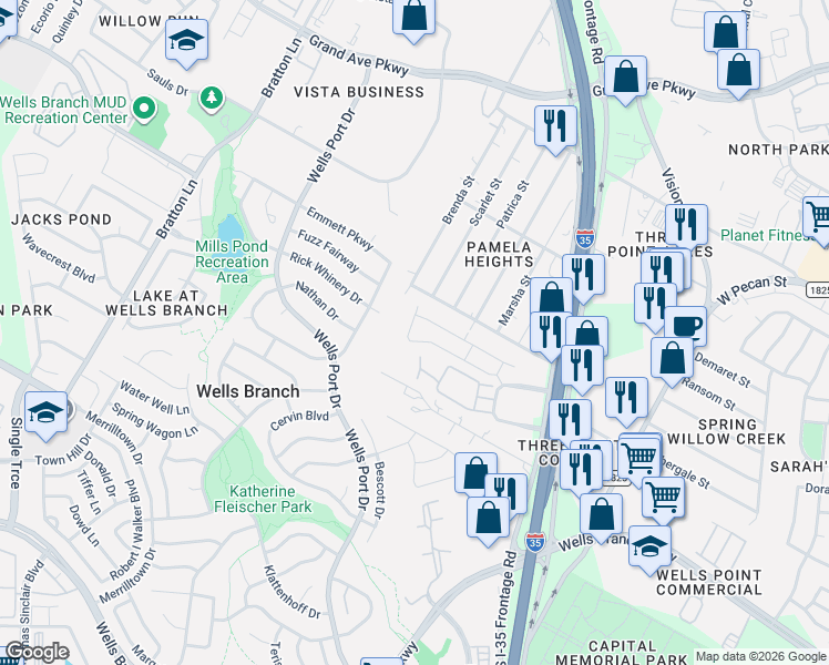map of restaurants, bars, coffee shops, grocery stores, and more near 2108 Tasmanian Tiger Trace in Austin