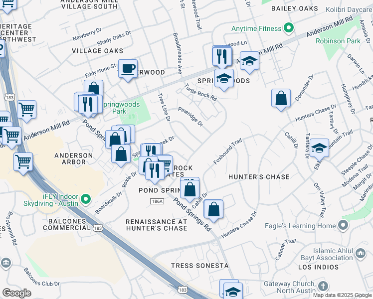 map of restaurants, bars, coffee shops, grocery stores, and more near 12407 Tree Line Drive in Austin