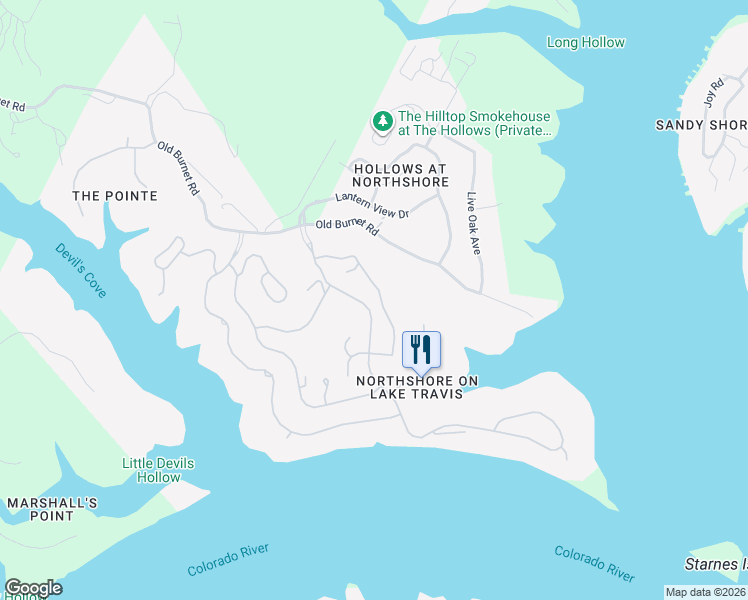 map of restaurants, bars, coffee shops, grocery stores, and more near 17701 Regatta View Drive in Jonestown