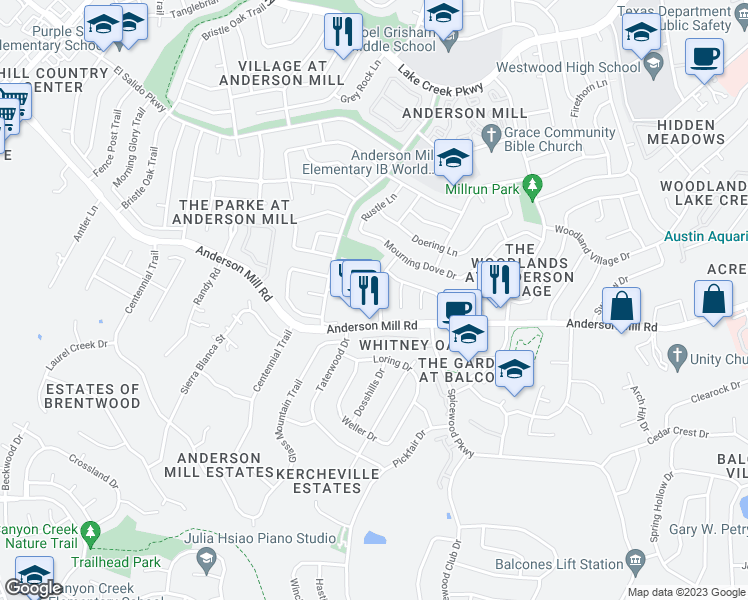 map of restaurants, bars, coffee shops, grocery stores, and more near 11606 Crosstimber Drive in Austin