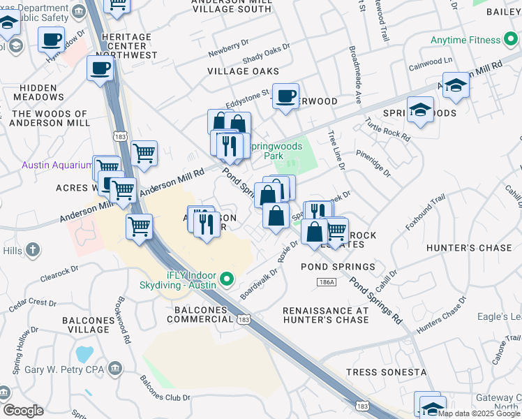 map of restaurants, bars, coffee shops, grocery stores, and more near 13300 Pond Springs Road in Austin