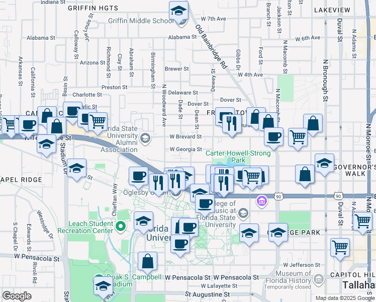 map of restaurants, bars, coffee shops, grocery stores, and more near 730 West Georgia Street in Tallahassee