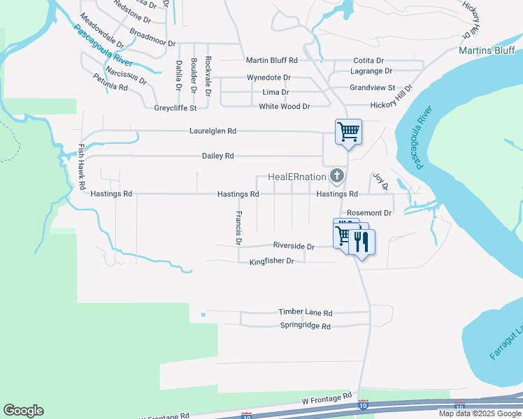 map of restaurants, bars, coffee shops, grocery stores, and more near 1617 Hastings Rd in Pascagoula