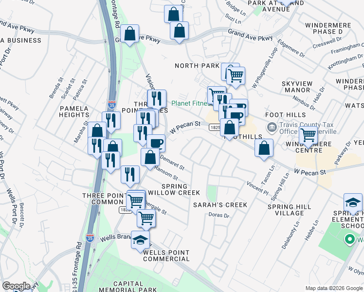 map of restaurants, bars, coffee shops, grocery stores, and more near 2939 West Pecan Street in Pflugerville