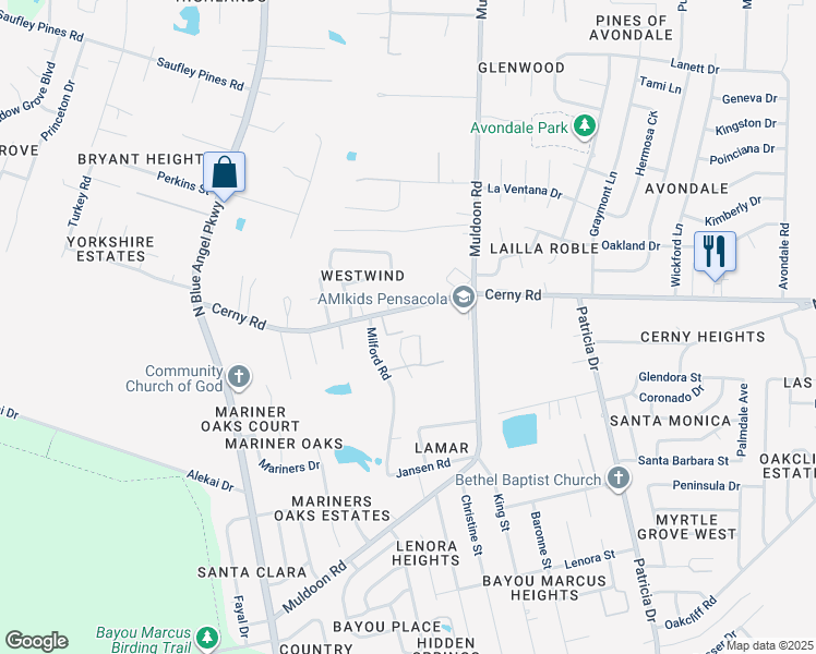 map of restaurants, bars, coffee shops, grocery stores, and more near 5227 Cerny Road in Pensacola
