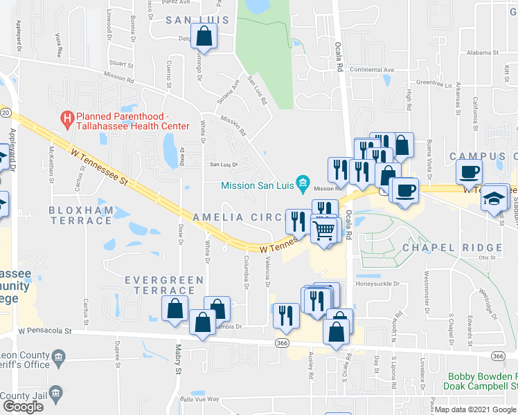 map of restaurants, bars, coffee shops, grocery stores, and more near 2172 Timberwood Circle South in Tallahassee